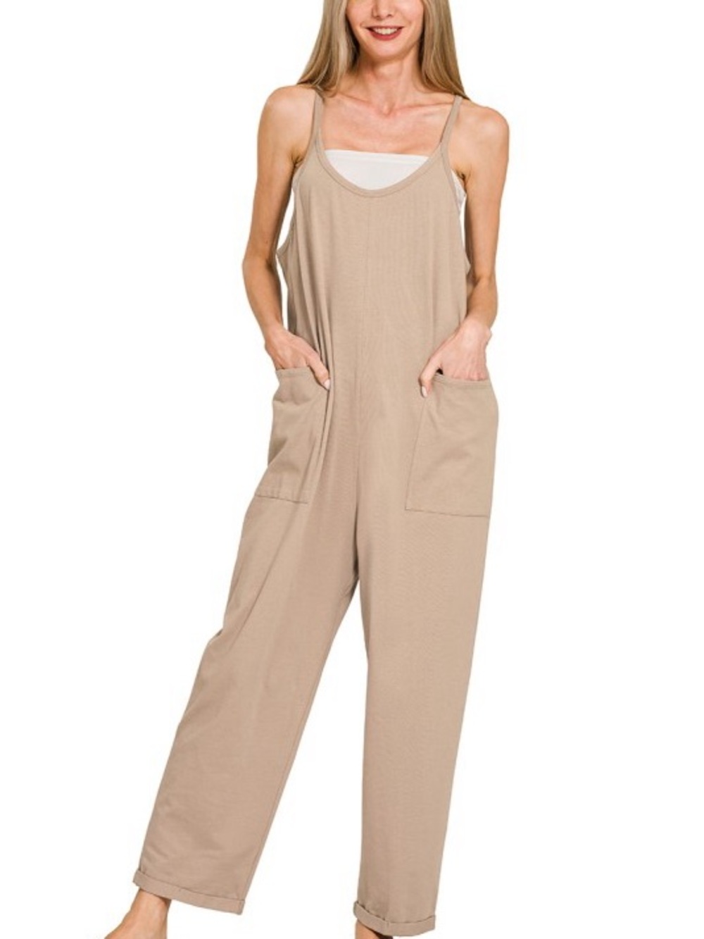 New Zenana Relaxed Beige Wide-Leg Jumpsuit with Front Pockets
